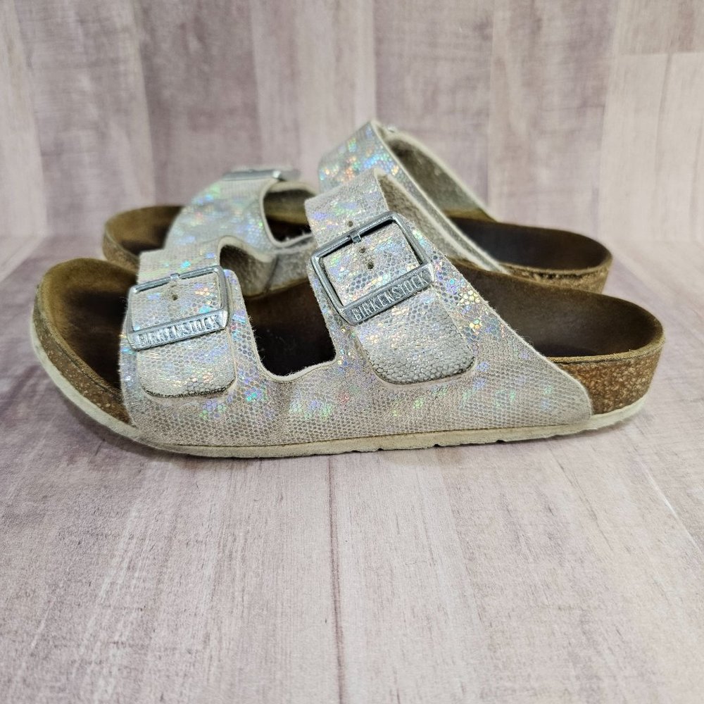 Birkenstock Girls Size 33 Holographic Sparkle Arizona Slip On Sandals Shoes - Picture 4 of 13